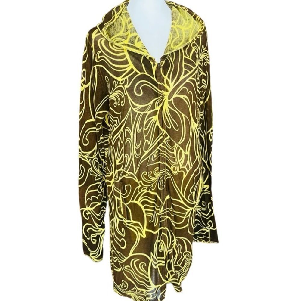 ATHLETA brown & yellow lightweight zip front duster length cotton sweater sz L.
